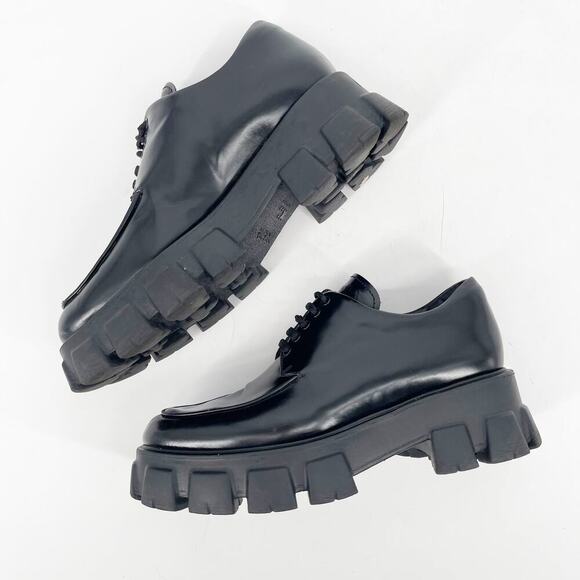 Prada Black Brushed Leather Lace Up Chunky Monolith Derby Oxford Loafer IT 39 - Picture 5 of 16